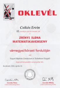 Siker a Zrínyi Ilona matematikaverseny vármegyei fordulóján